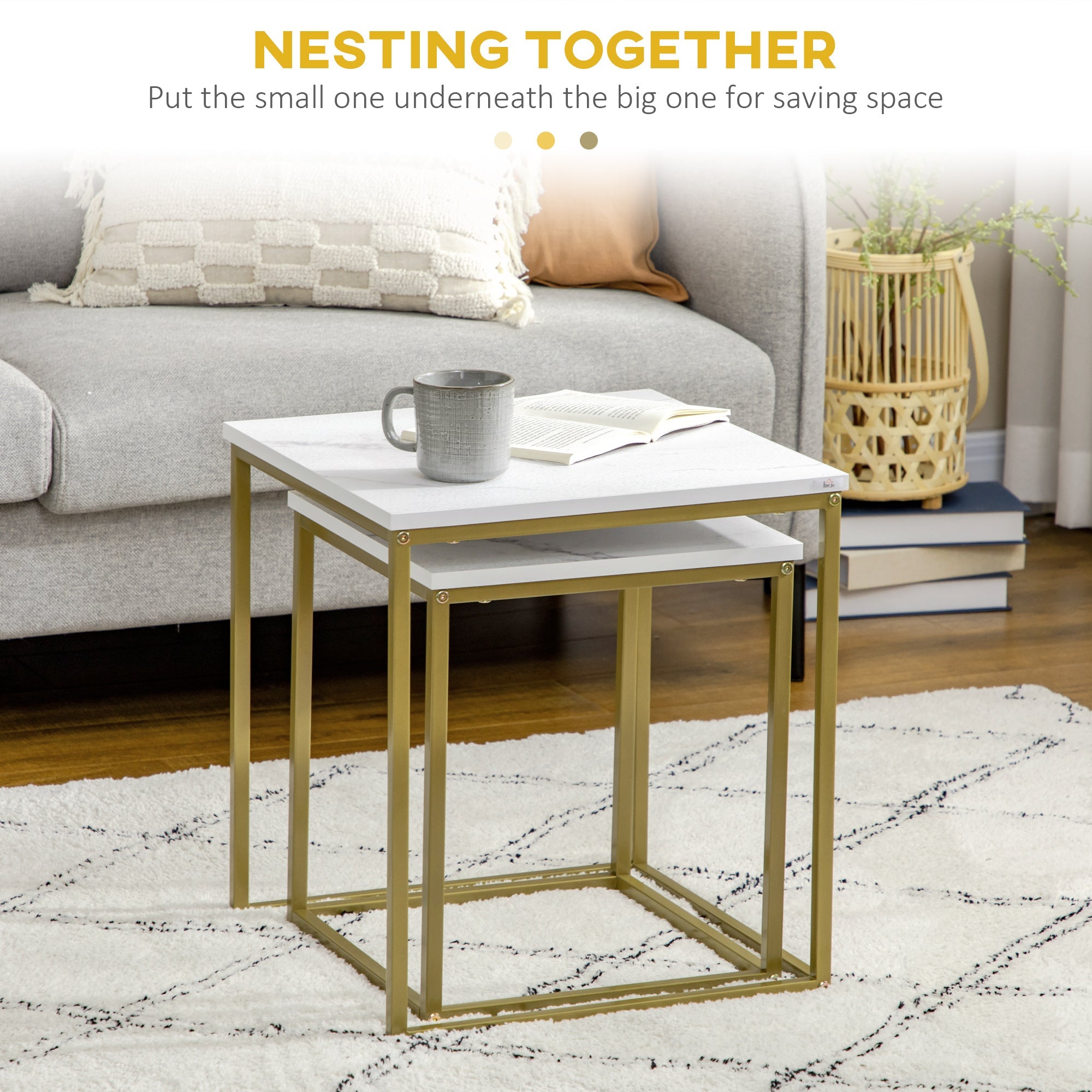 Homcom White Nesting Side Tables: 2-Piece Square Stacking Set with Metal Frame for Living Room/Bedroom