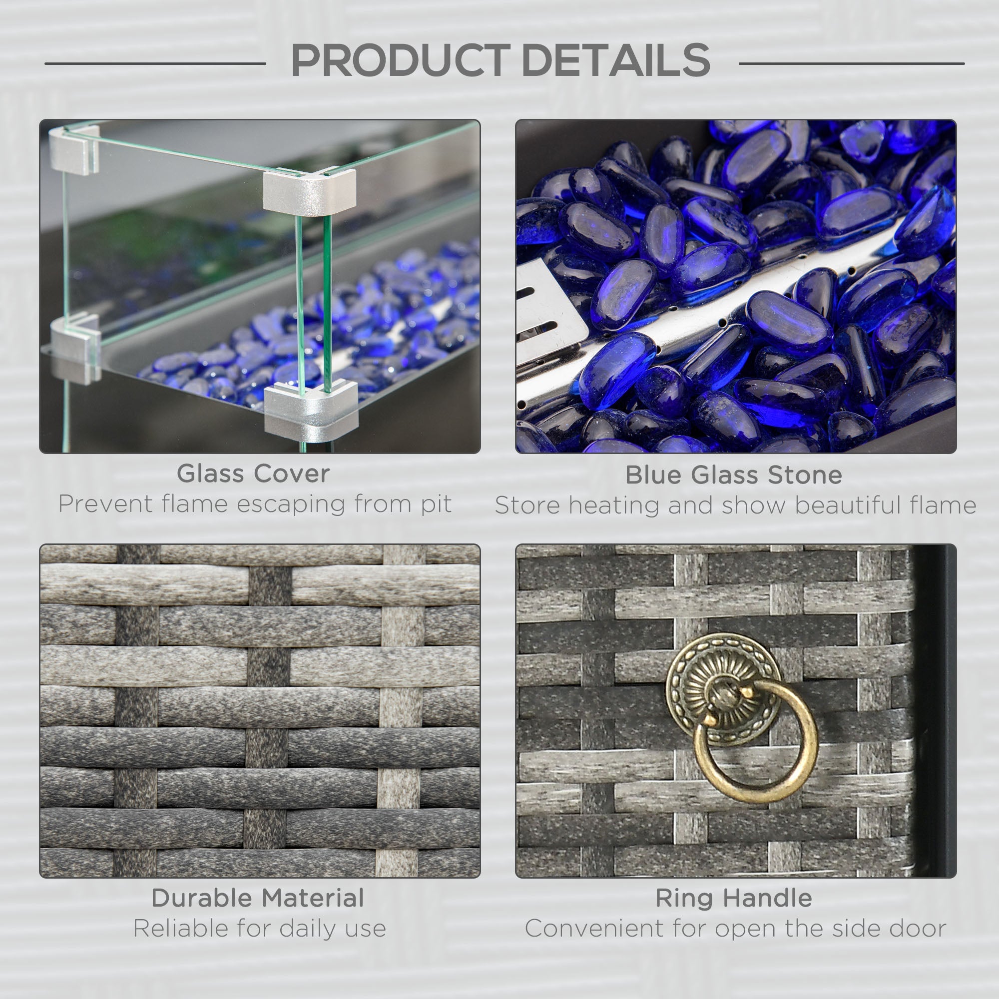 Outsunny 43 Inch Propane Fire Pit Table, 50,000 BTU Pulse-Ignition Wicker Firepit Furniture with Glass Wind Guard, Blue