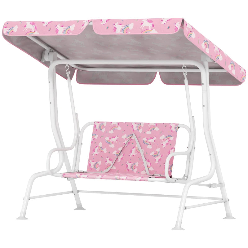 Qaba Kids Porch Swing, 2-Seater Patio Swing Bench with Safety Belts, Adjustable Canopy for Backyard, Garden, Pink