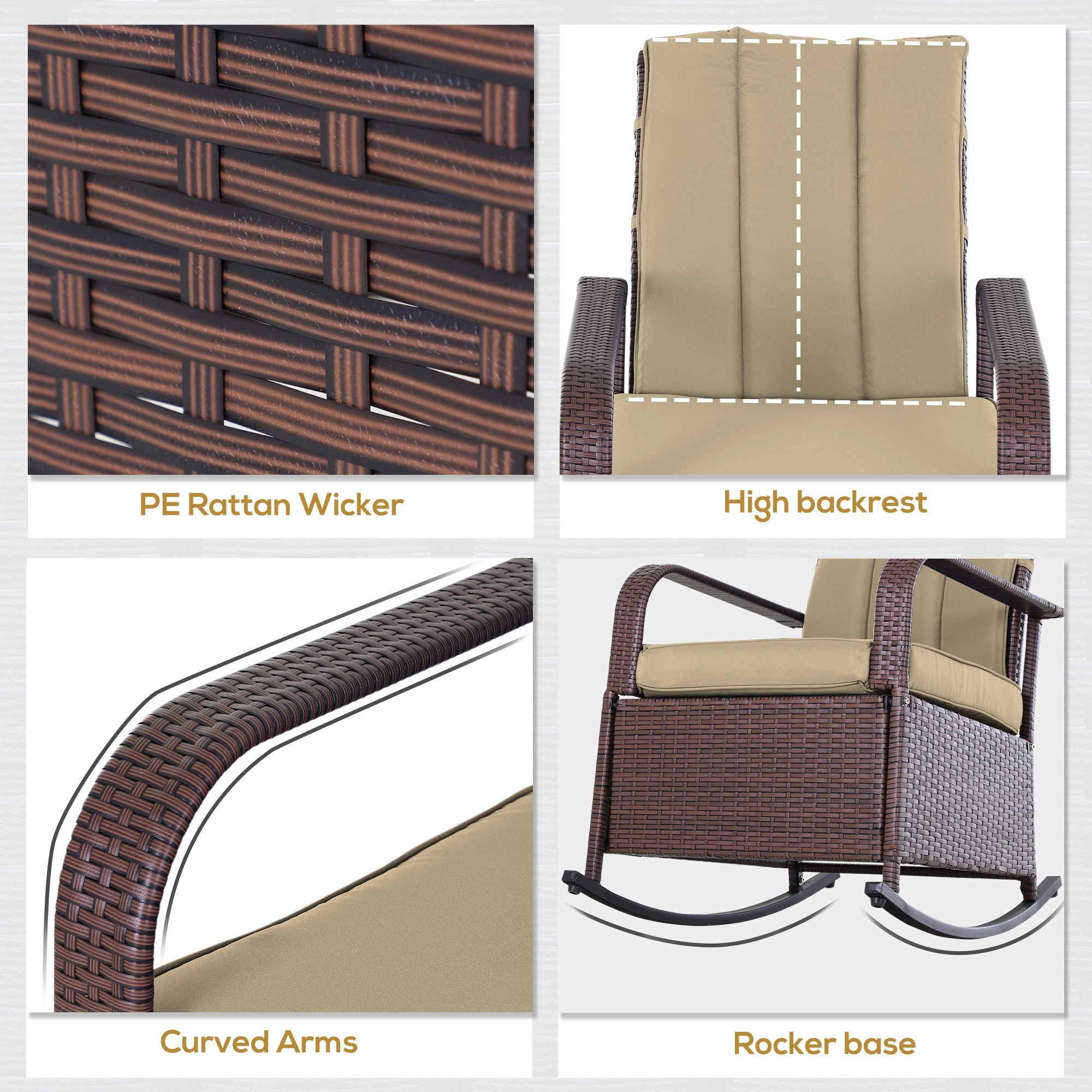 Outsunny Wicker Rocking Chair Outdoor Patio PE Rattan Recliner with Cushion Adjustable Footrest Khaki