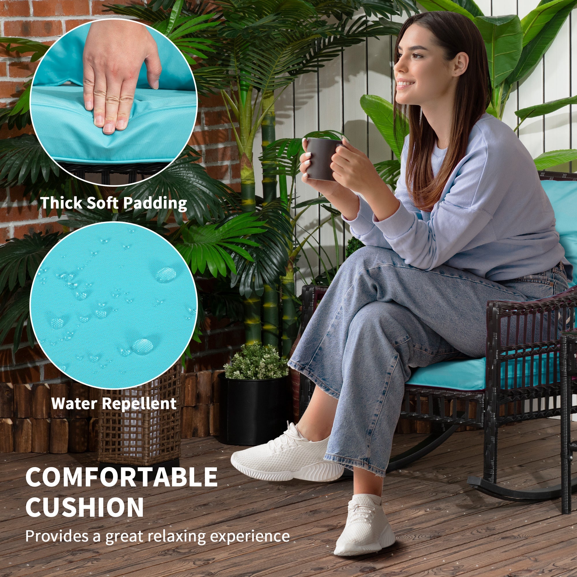 Outsunny 3 Pieces Outdoor PE Rattan Rocker Chair Set, Rocking Chair with Tempered Glass Table Top,25"x26"x28", Turquoise Green