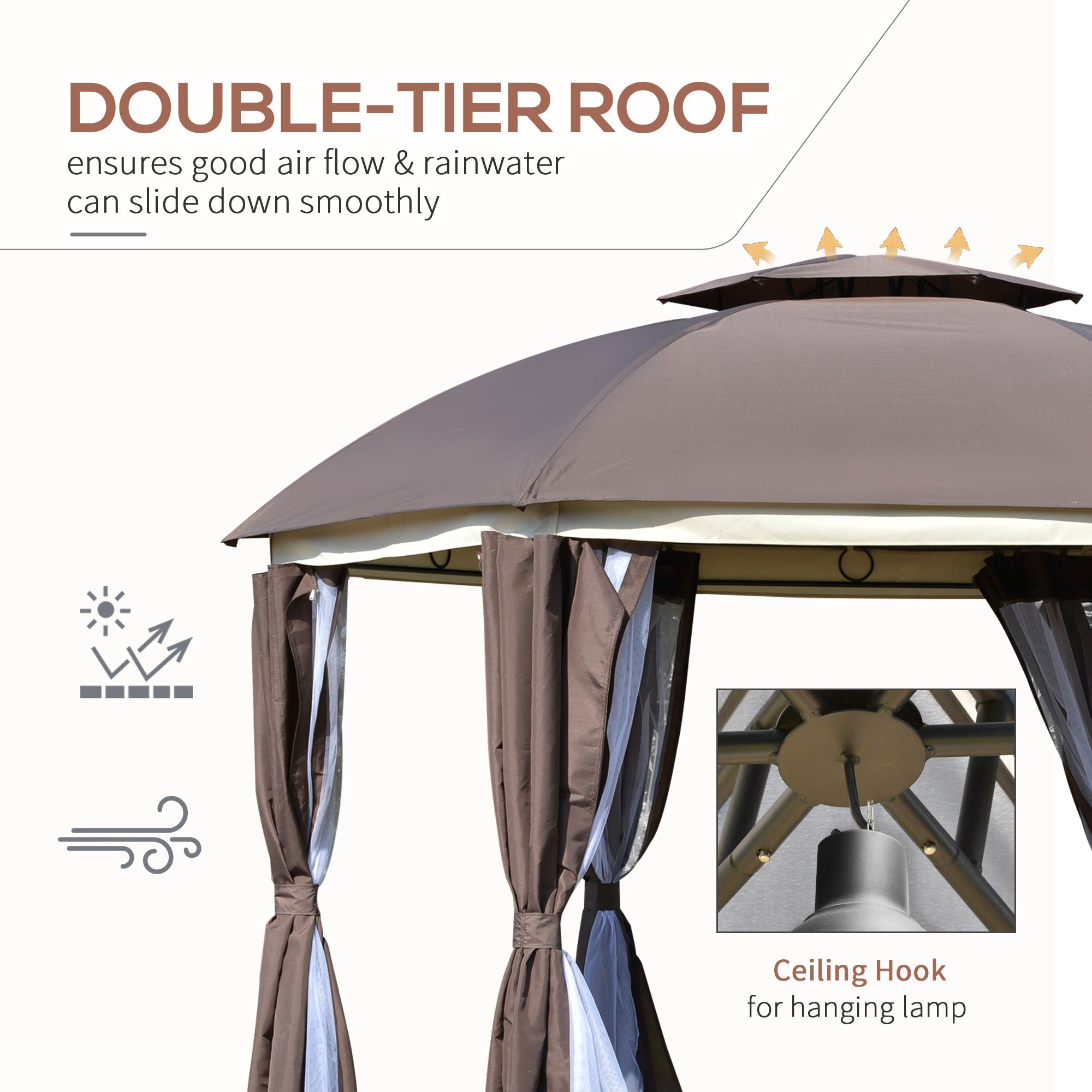 Outsunny 12x12 Outdoor Dome Gazebo Canopy Patio Shelter with Netting Sidewalls, Curtains & Double Vented Roof in Brown