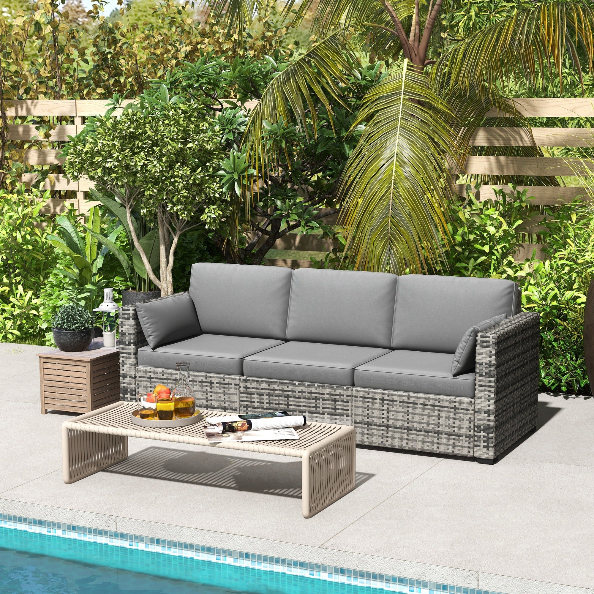 Outsunny 3-Seater Outdoor Sofa with Cushions, PE Rattan Conversation Patio Couch with Pillows for Garden, Poolside, Grey