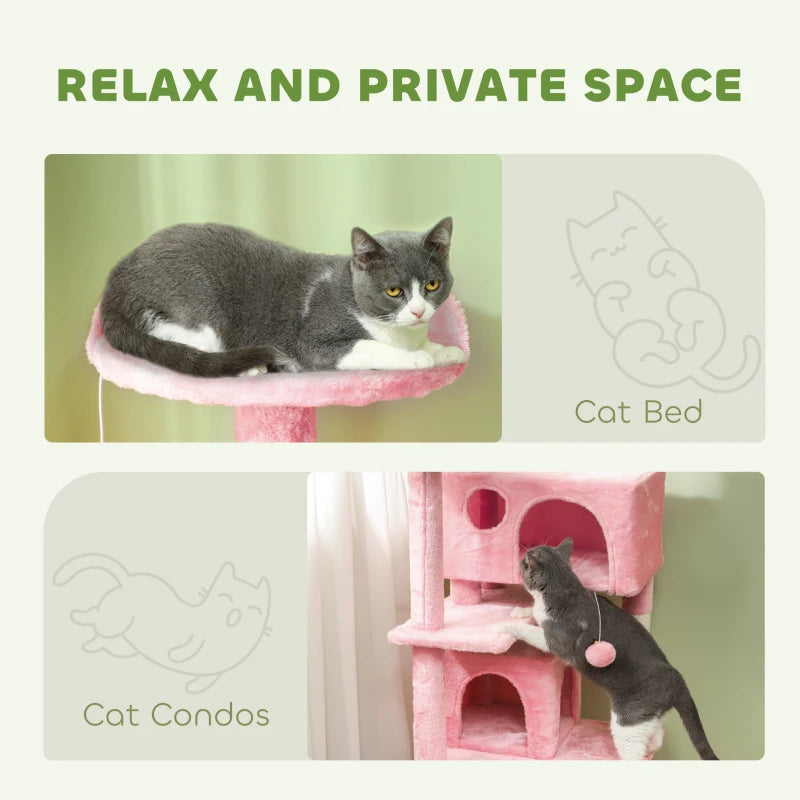 54" Cat Tree, Multi-Level Cat Tower with Scratching Posts, Cat Condos, Bed, Platforms, Ramp, Toy Ball, Pink