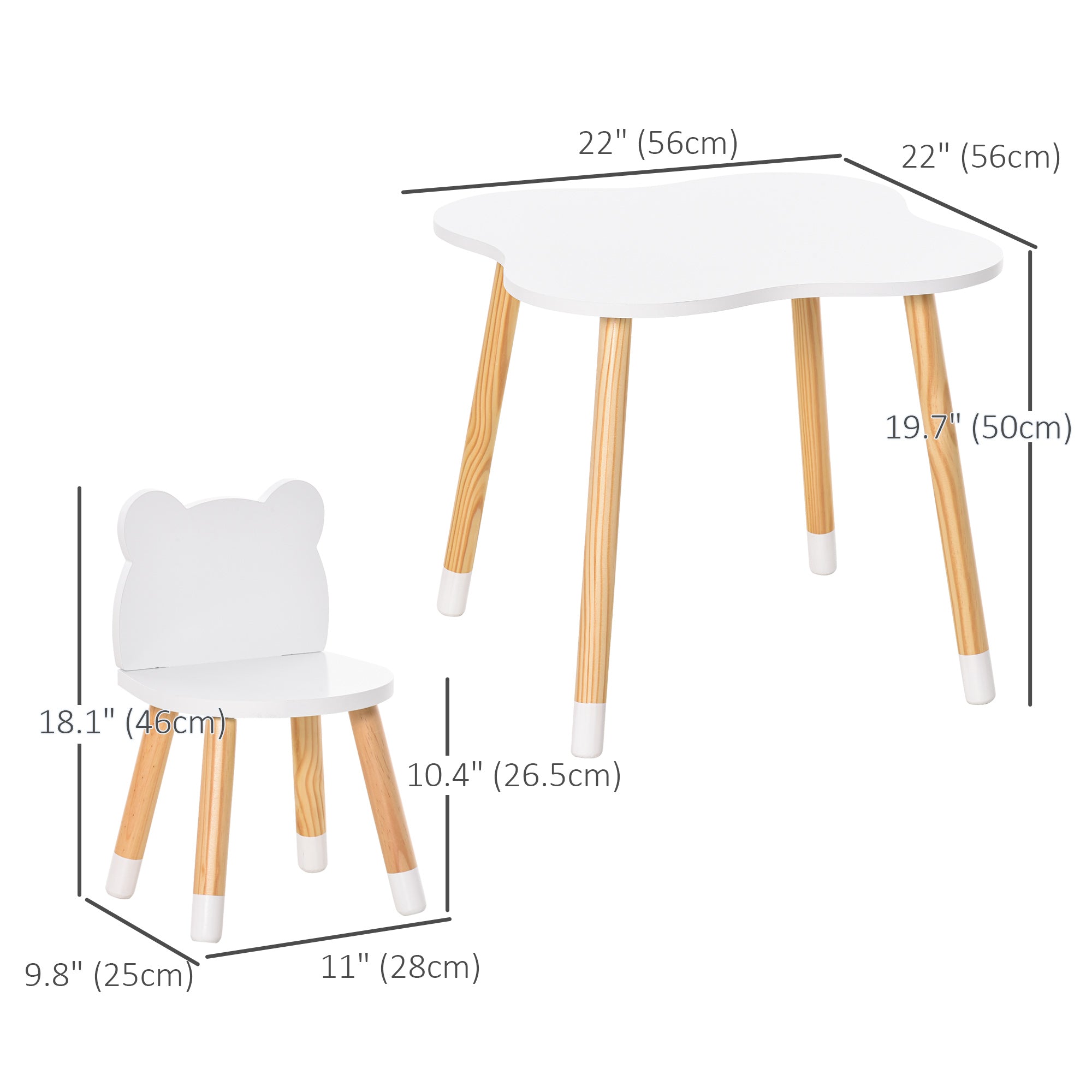 Qaba Wooden Kids Table & Chair Set: Cute Bear Design, Rounded Edges for Toddler Dining/Play in White