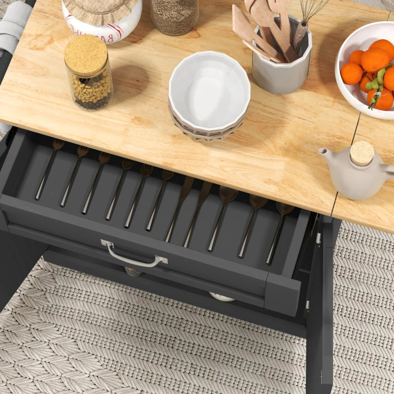 Foldable Kitchen Island with Storage Drawer, Farmhouse Rolling Utility Cart on Wheels with Drop-Leaf Wood Top, Black