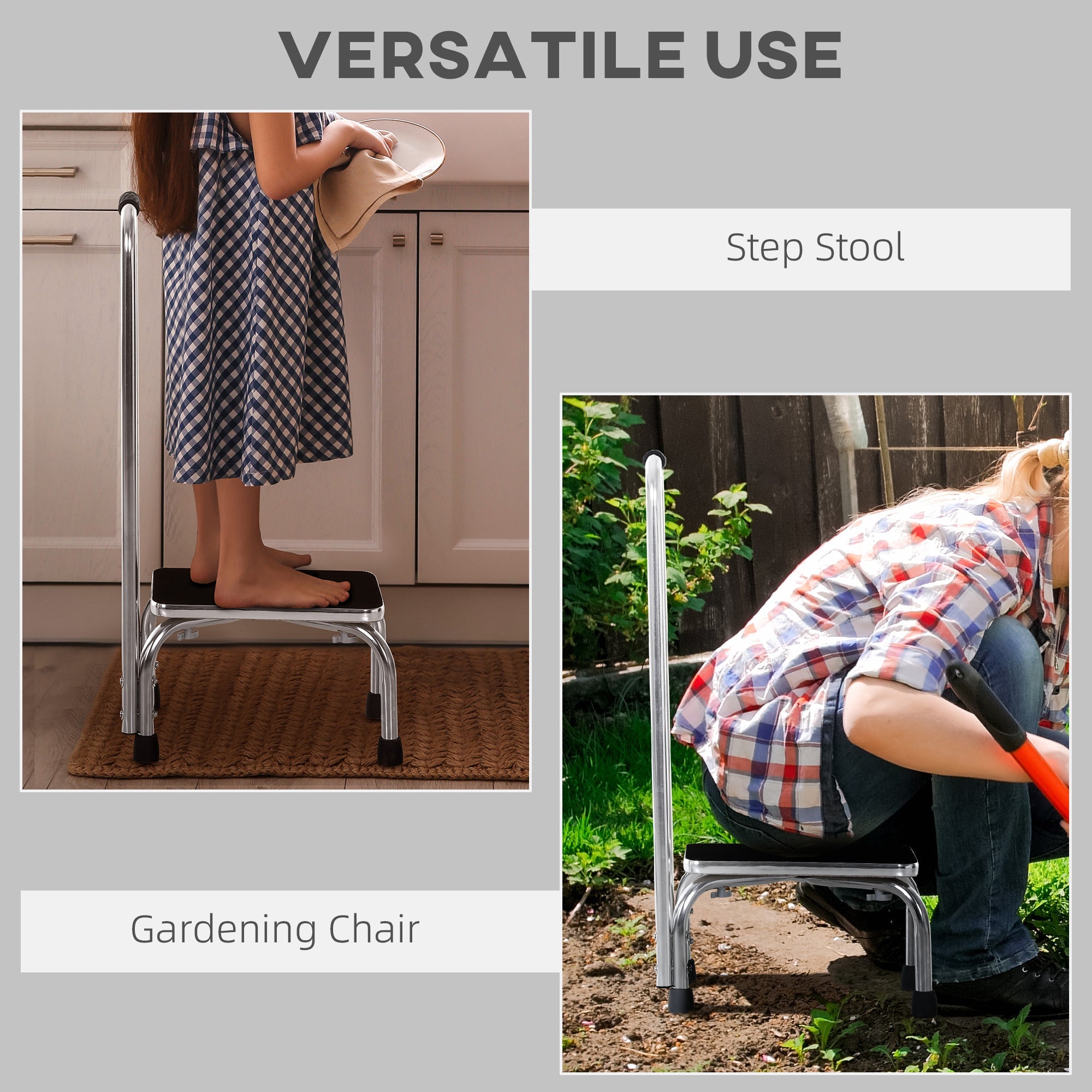 HOMCOM Metal Step Stool with Handle 1-Step Ladder Wide Anti-Slip for Outdoor Indoor