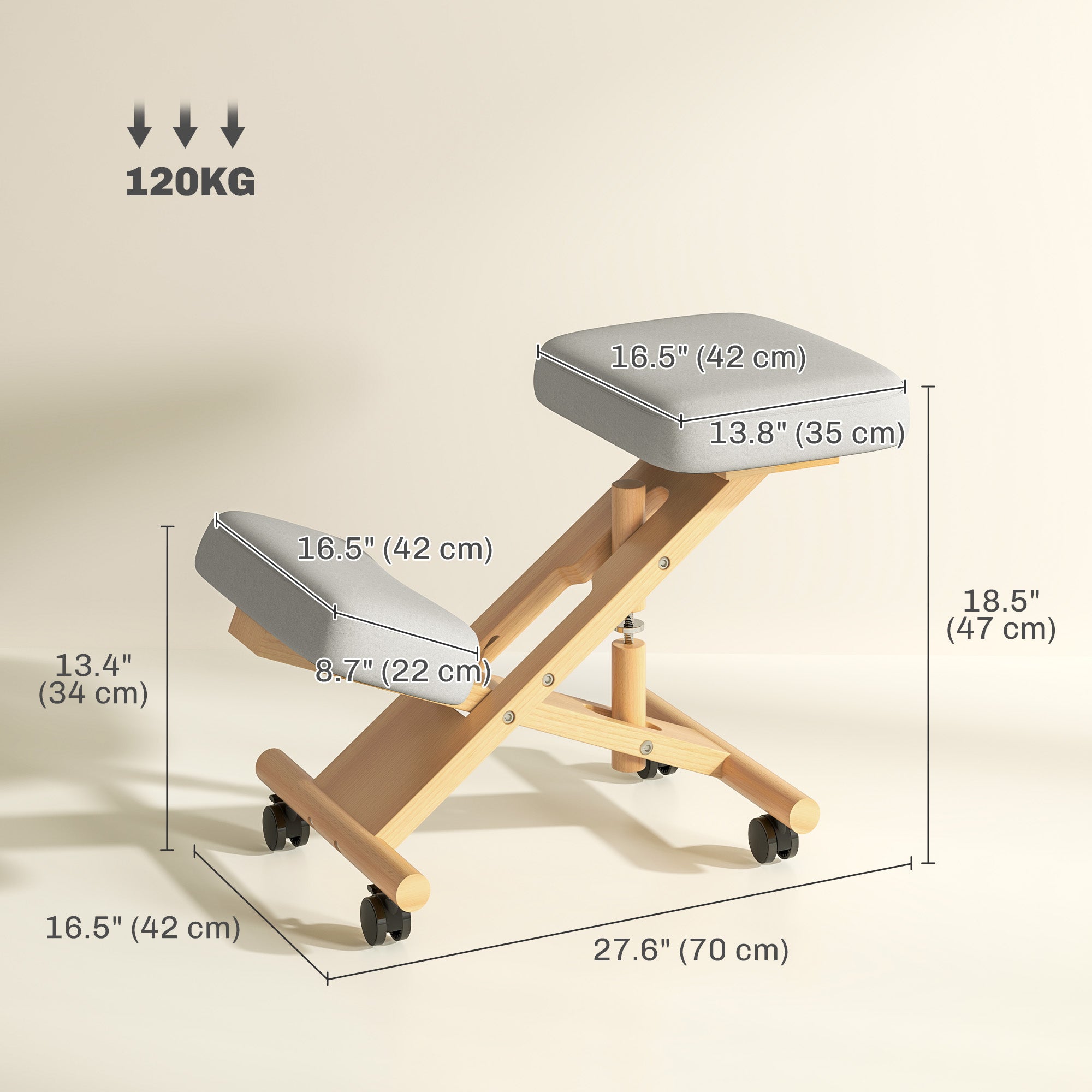 HOMCOM Ergonomic Kneeling Chair, Adjustable Wood Knee Stool with Cushion for Home, Posture Knee Chair with Casters, Cream White
