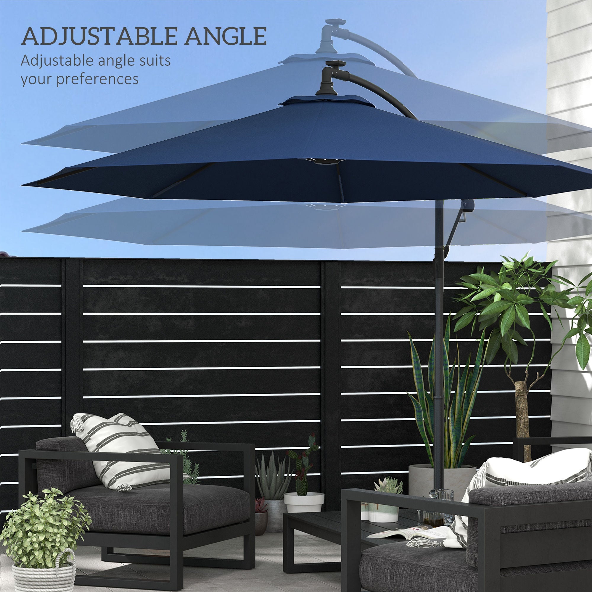 Outsunny 10ft Cantilever Hanging Offset Patio Umbrella Solar LED Lights Crank Cross Base Aluminum Blue