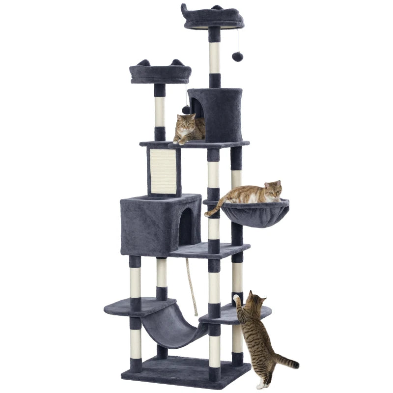 81" Large Cat Tree w/ Scratching Posts, Condos, Beds, Hammocks, Jumping Platforms, Toy Balls, Rope Cat Toy, Dark Grey