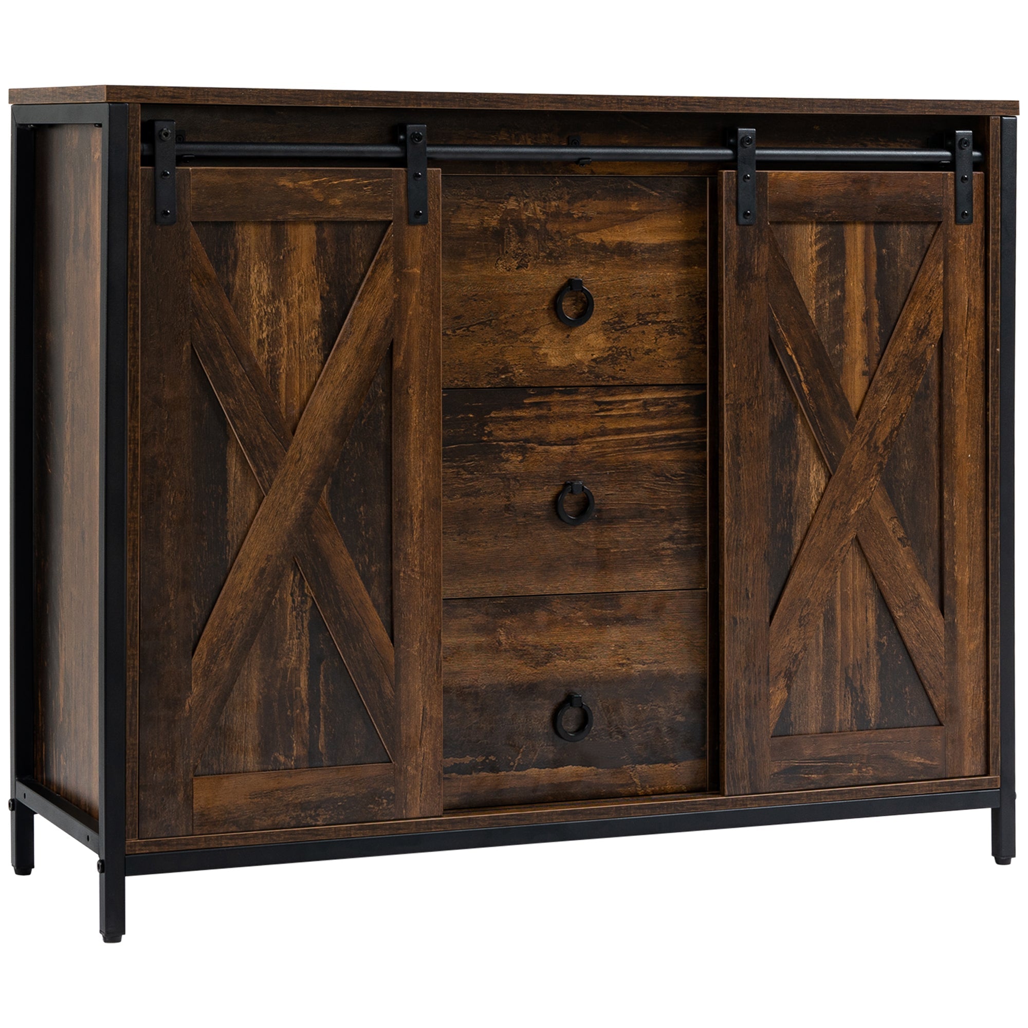 HOMCOM Rustic Brown Industrial Cabinet: Kitchen Sideboard with Sliding Barn Doors, 3 Drawers & Adjustable Shelves