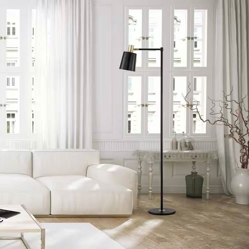 60-inch Industrial Modern Black Metal Floor Lamp with Gold Accents - Free Shipping