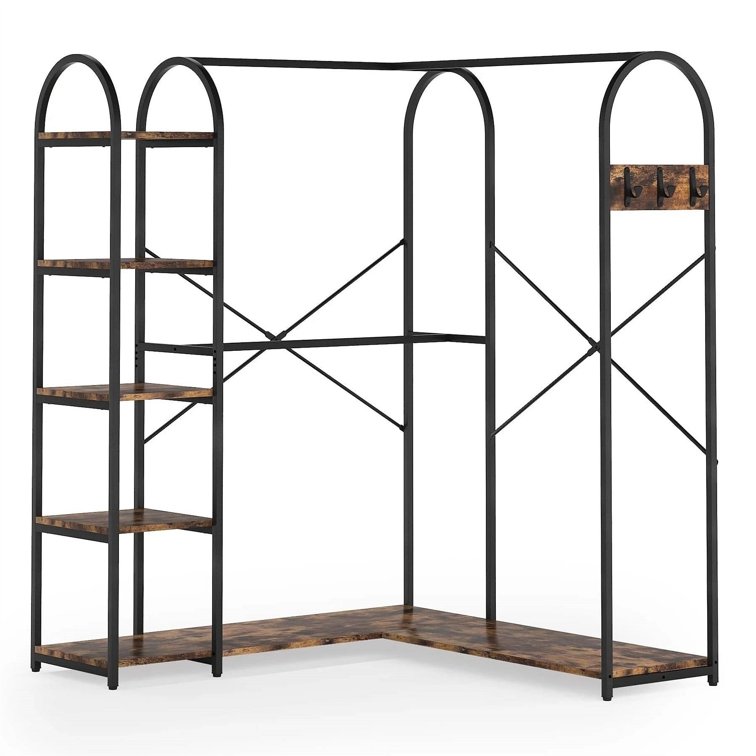 Corner L-Shaped Garment Rack with Clothing Hanging Rods and Storage Shelves - Free Shipping