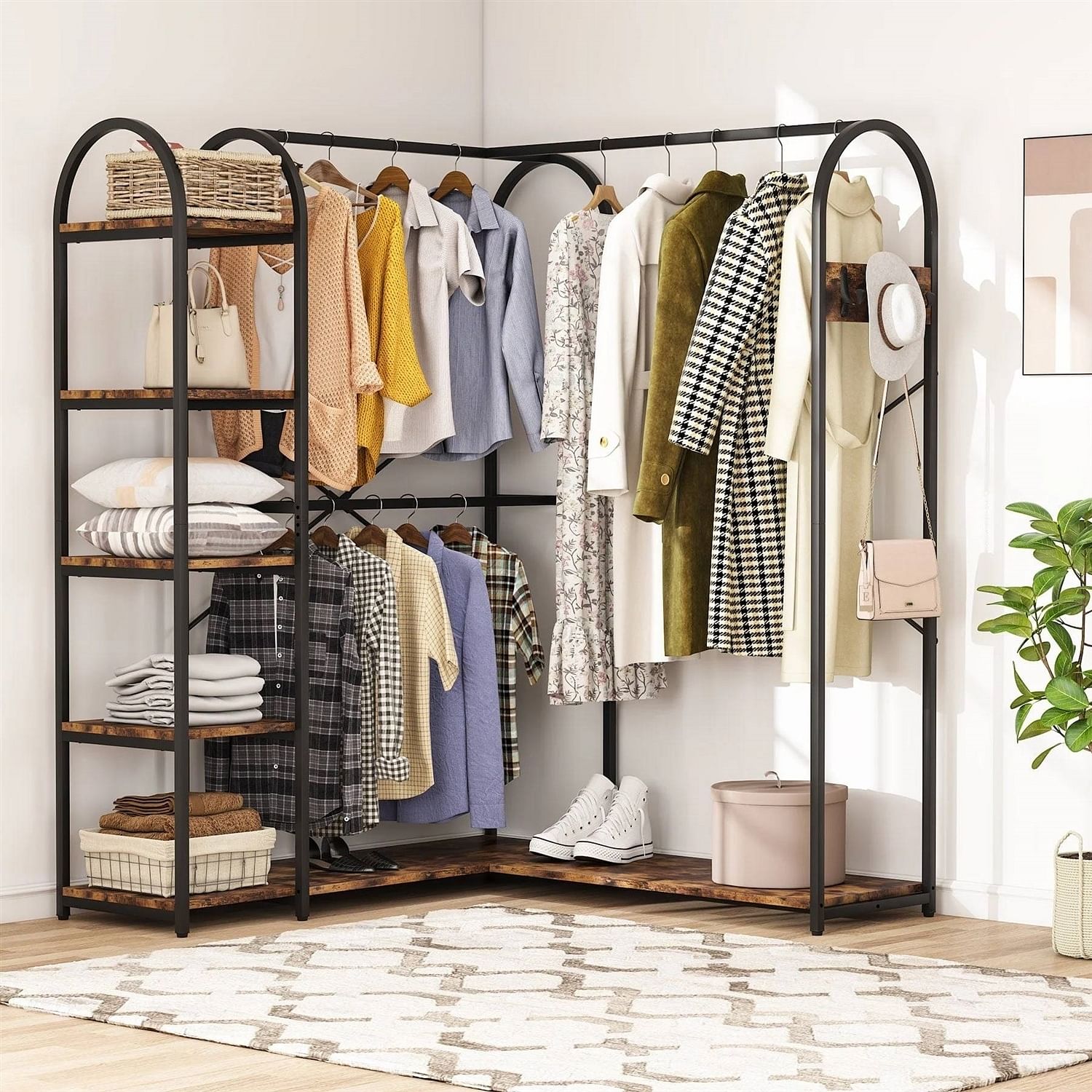Corner L-Shaped Garment Rack with Clothing Hanging Rods and Storage Shelves - Free Shipping