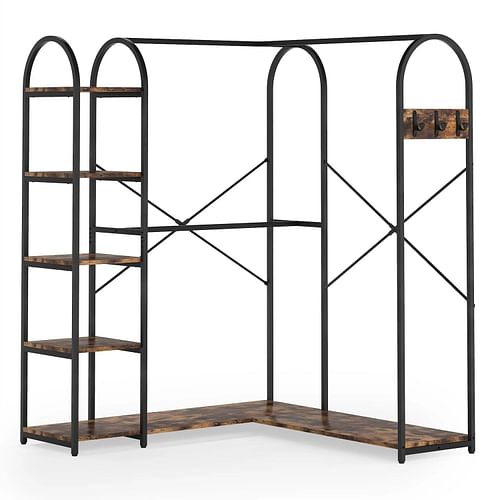Corner L-Shaped Garment Rack with Clothing Hanging Rods and Storage Shelves - Free Shipping