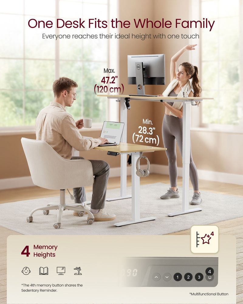 VASAGLE Electric Height Adjustable Standing Desk with Memory Presets & Sedentary Reminder