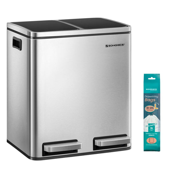 Dual Compartment Kitchen Trash Can, 2 × 15L Stainless Steel Garbage Bin with Soft-Close Lids & Foot Pedals