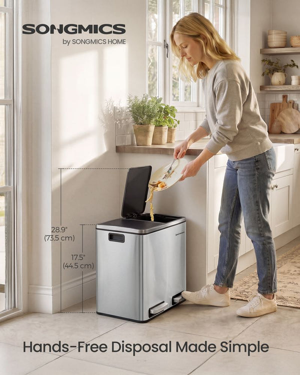 Dual Compartment Kitchen Trash Can, 2 × 15L Stainless Steel Garbage Bin with Soft-Close Lids & Foot Pedals