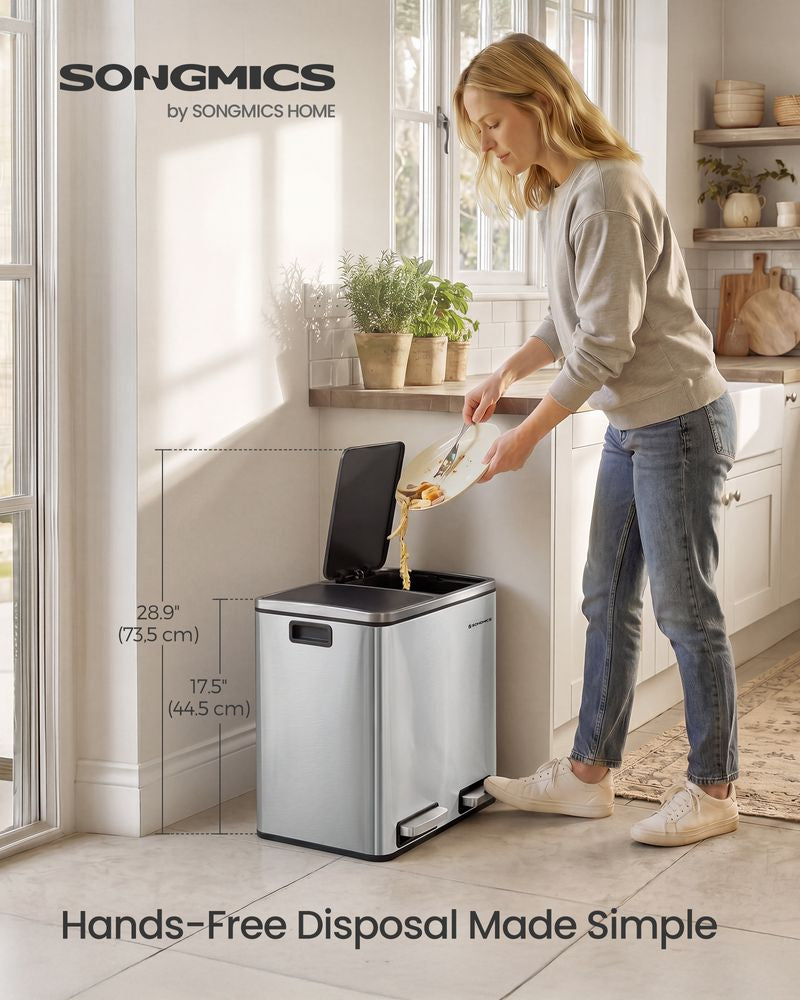 Dual Compartment Kitchen Trash Can, 2 × 15L Stainless Steel Garbage Bin with Soft-Close Lids & Foot Pedals