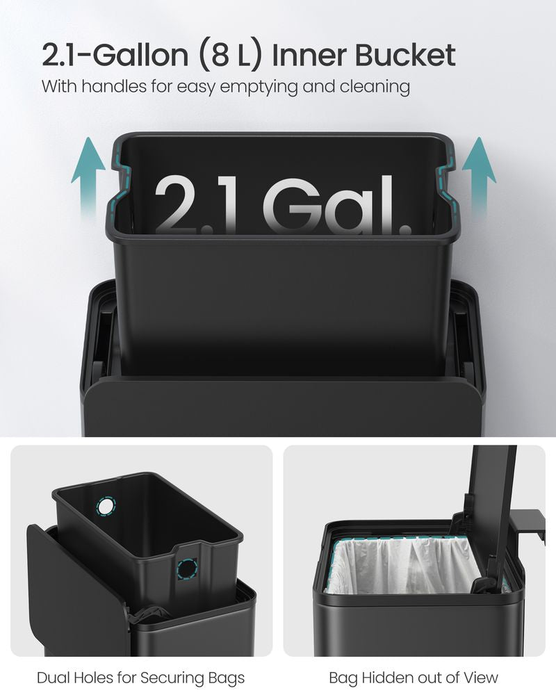 2.1-Gallon Hanging Kitchen Trash Can with Lid – Stainless Steel, 8L Removable Inner Bucket