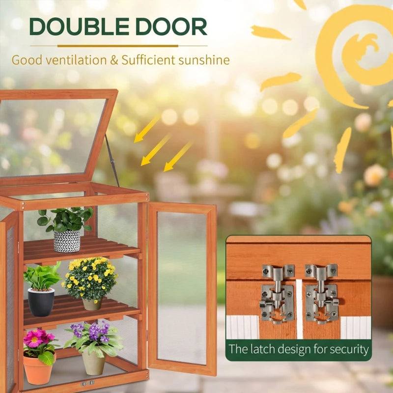 Wooden 2 Tier Cold Frame Greenhouse Polycarbonate Plant Grow House Portable Garden, 22.8" x 17.3" x 30.7", Orange