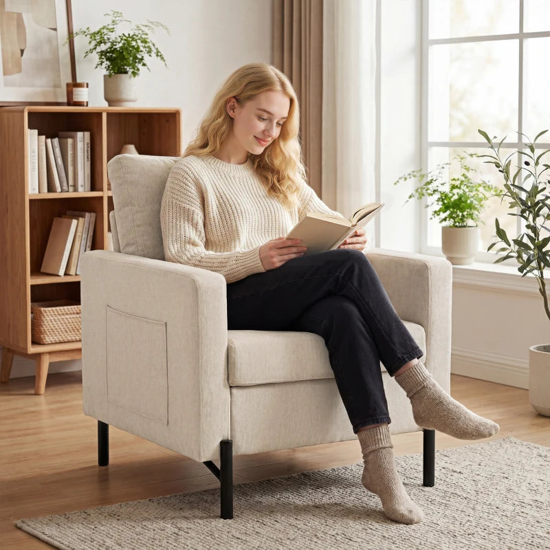 Accent Chair Modern Upholstered Armchair with Side Pockets and Cushion for Bedroom, Living Room, Beige