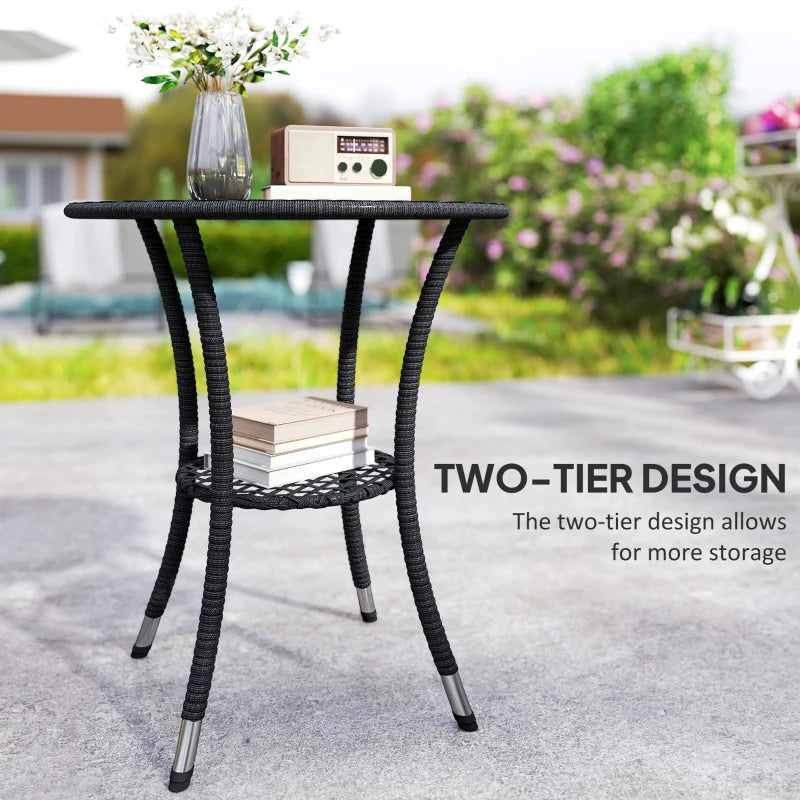 Outdoor Rattan Dining Table, Patio Wicker Round Coffee Table with 2-Tier Storage Shelf, Black