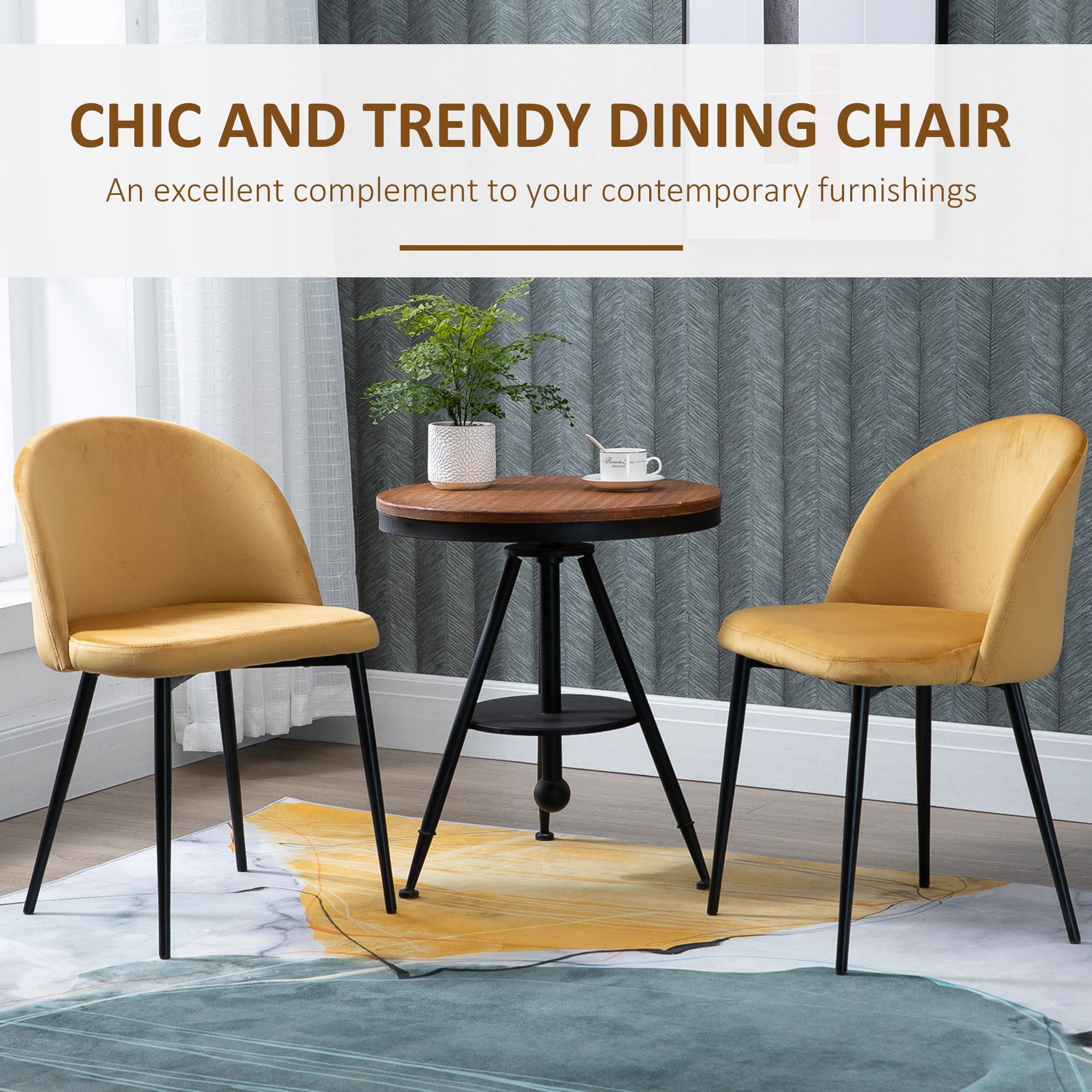 HOMCOM Set of 2 Modern Dining Chairs Velvet Upholstery Side Accent Chair Yellow