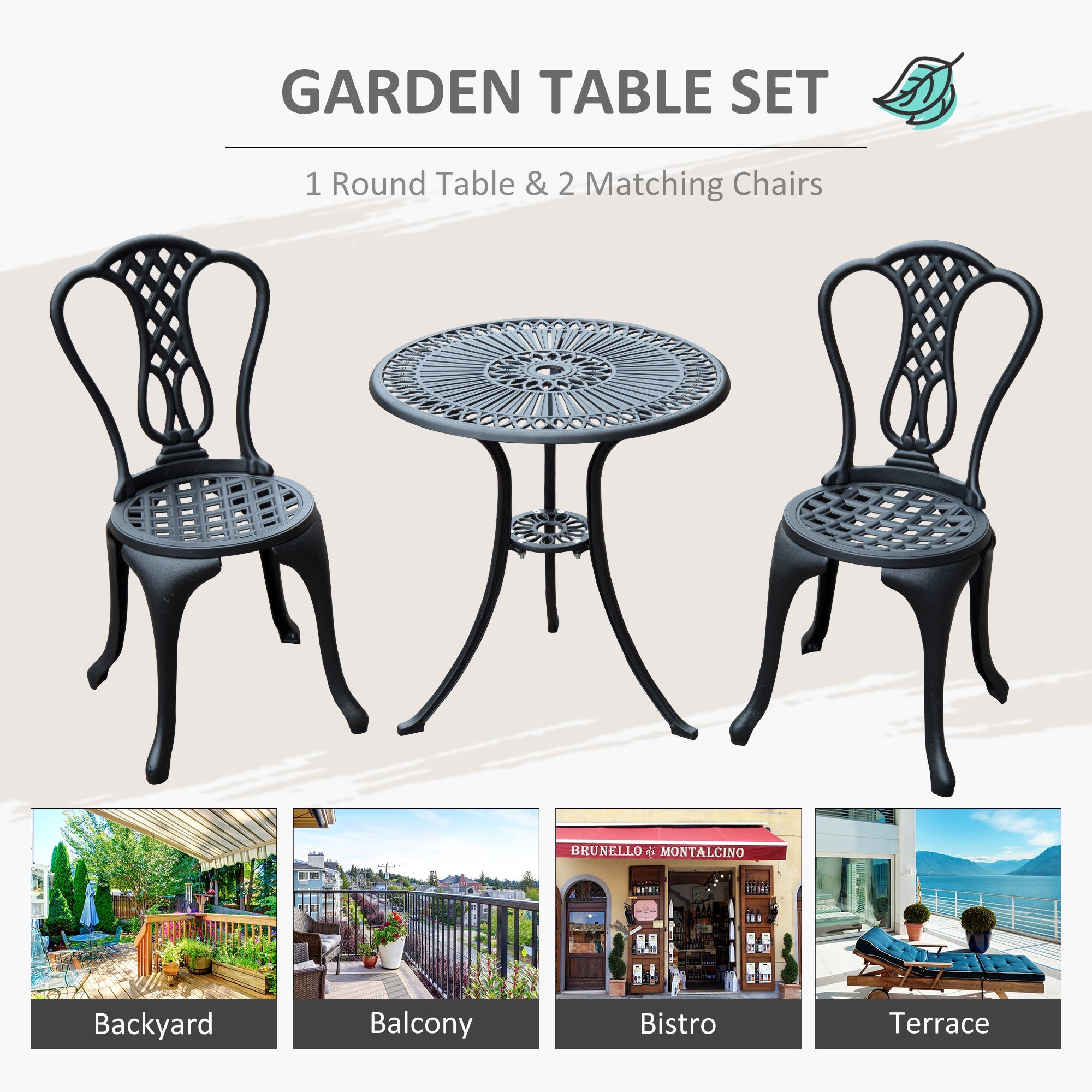 Outsunny 3 Pieces Antique Outdoor Bistro Set Cast Aluminum Patio Table and Chairs with Umbrella Hole Black