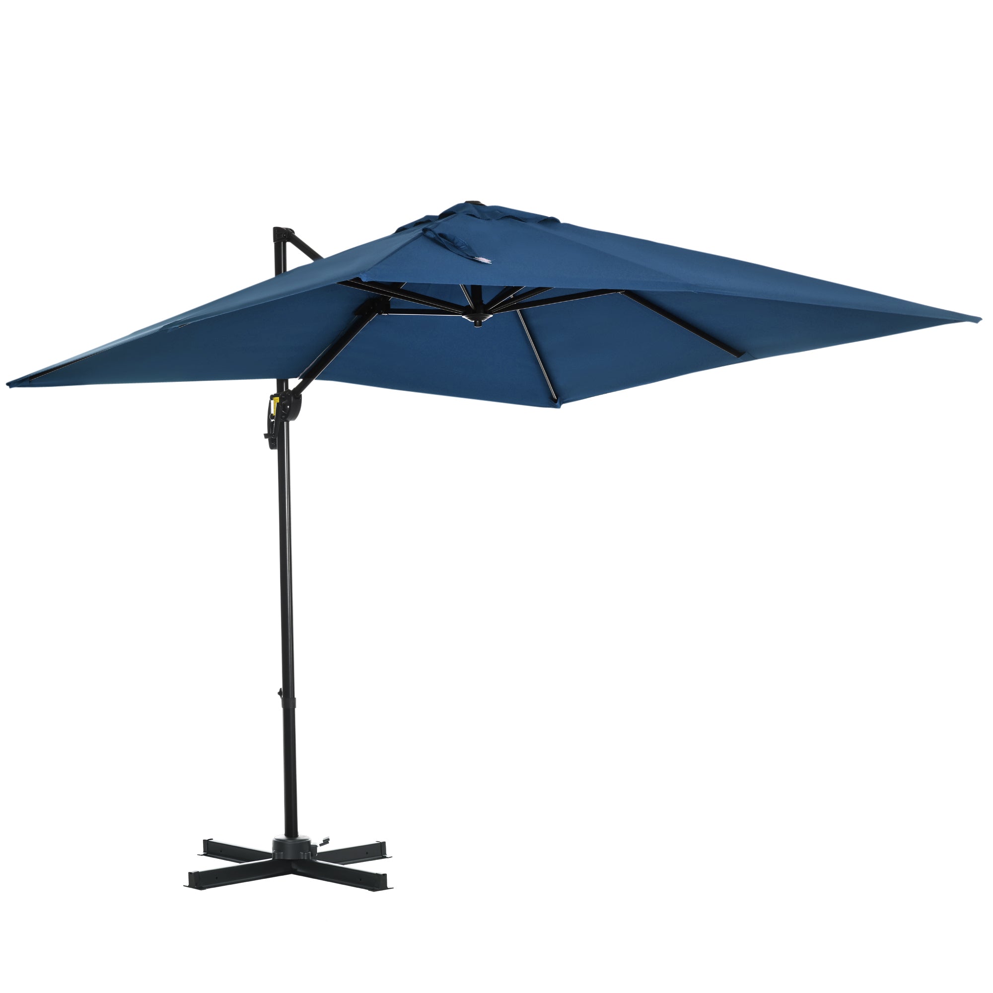 Outsunny Square Patio Hanging Offset Umbrella 8' x 8' Aluminum Cantilever Crank Market Parasol 360° Rotation Cross Base Dark Blue