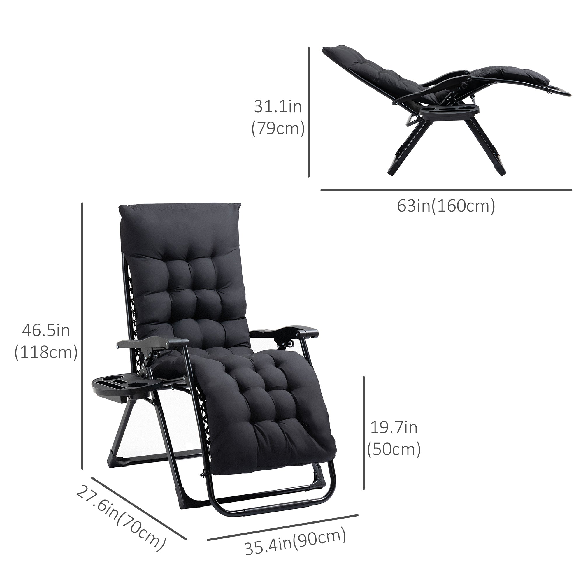 Outsunny Zero Gravity Chair Black Padded Folding Recliner with Cup Holder Adjustable Backrest Removable Cushion