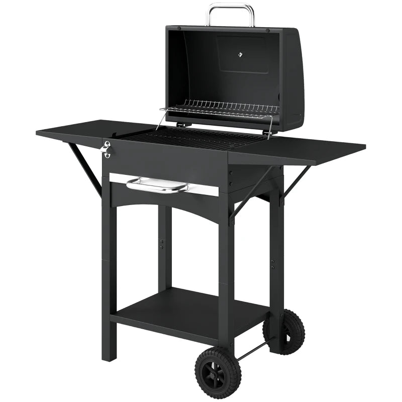 Charcoal Grill with 2 Side Tables, Barbecue Grill with Thermometer and Warming Rack, Wheels, 43.3"x18.3"x39.8", Black