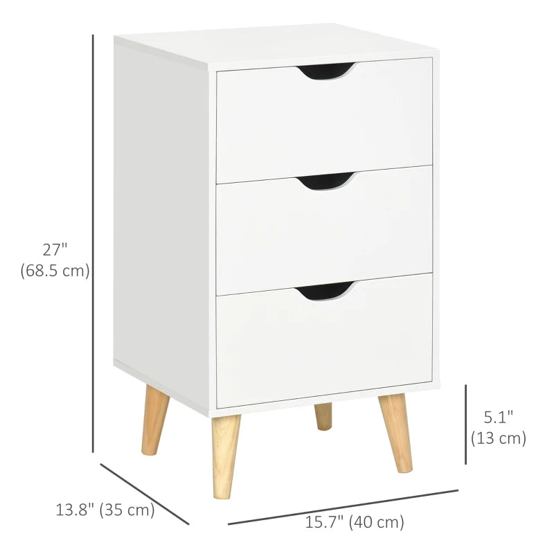 Bedside Table, Modern Nightstand with 3 Drawers, Side End Table with Wood Legs for Living Room, Bedroom, White
