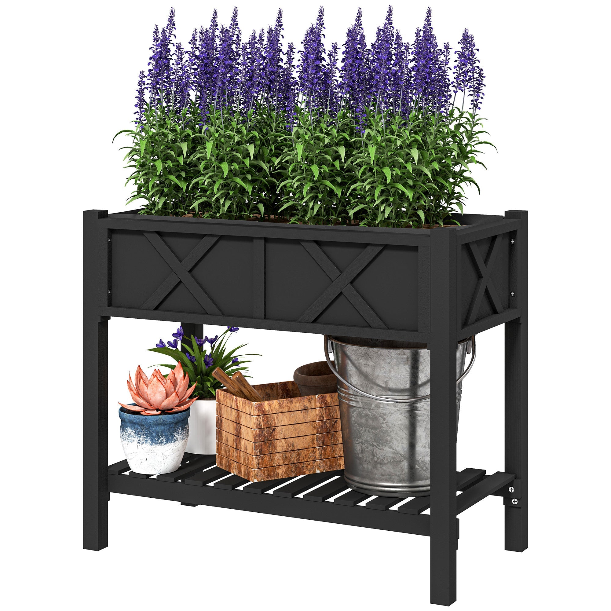 Outsunny Wooden Raised Garden Bed, Elevated Planter Box with Storage Shelf, Drainage Holes and Liner, 34" x 18" x 30", Black