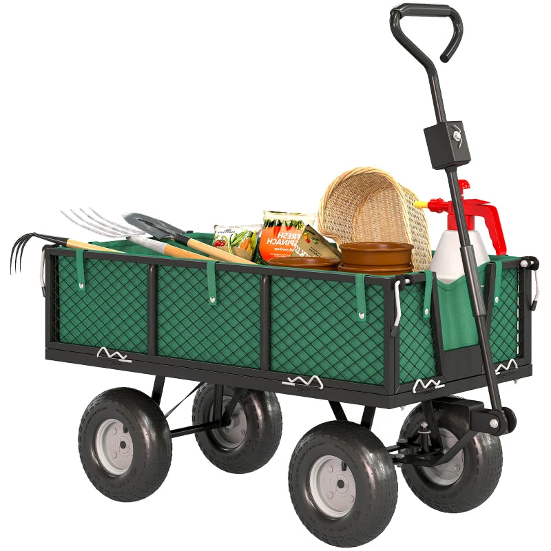 Steel Garden Cart, Utility Wagon Cart with Removable Liner, Quick-Release Sides, 10" Wheels, 660lbs Capacity, Green