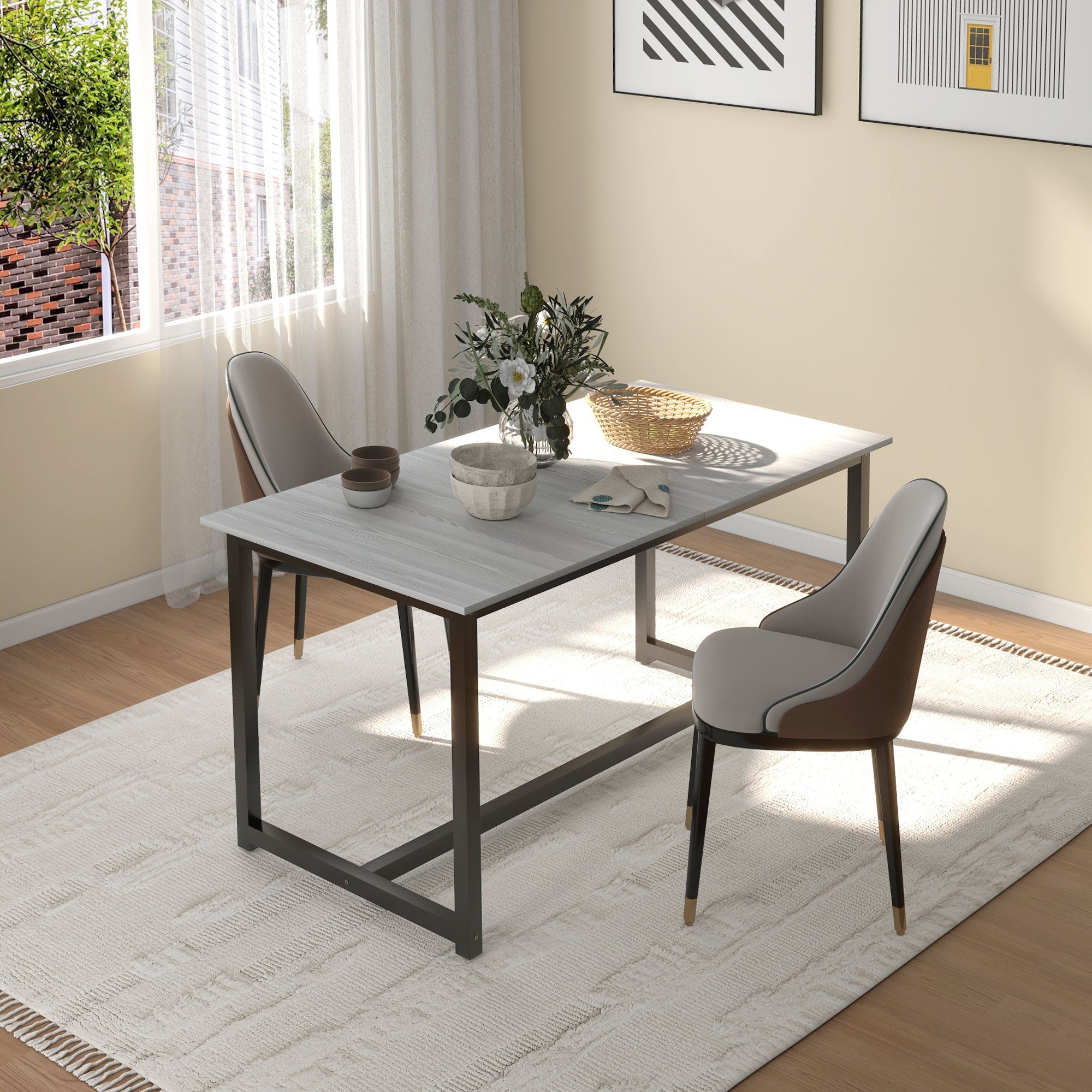 HOMCOM 63"-79" Collapsible Dining Table for 2-4, Foldable Kitchen Table with Steel Frame for Dining Room, Grey Wood Grain