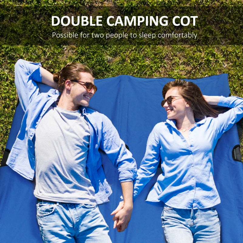 76" Two Person Folding Camping Cot Outdoor Portable Double Cot Wide Military Sleeping Bed w/ Carrying Bag Blue