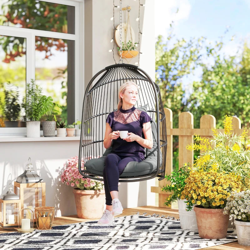 Hanging Egg Chair, Foldable Rattan Garden Swing Chair with Installation Kit, Thickened Cushion and Headrest, Dark Grey