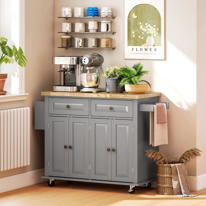 Kitchen Island with Storage, Rolling Trolley Cart with Rubber Wood Top, Spice Rack, Towel Rack, 2 Locking Brakes,Grey