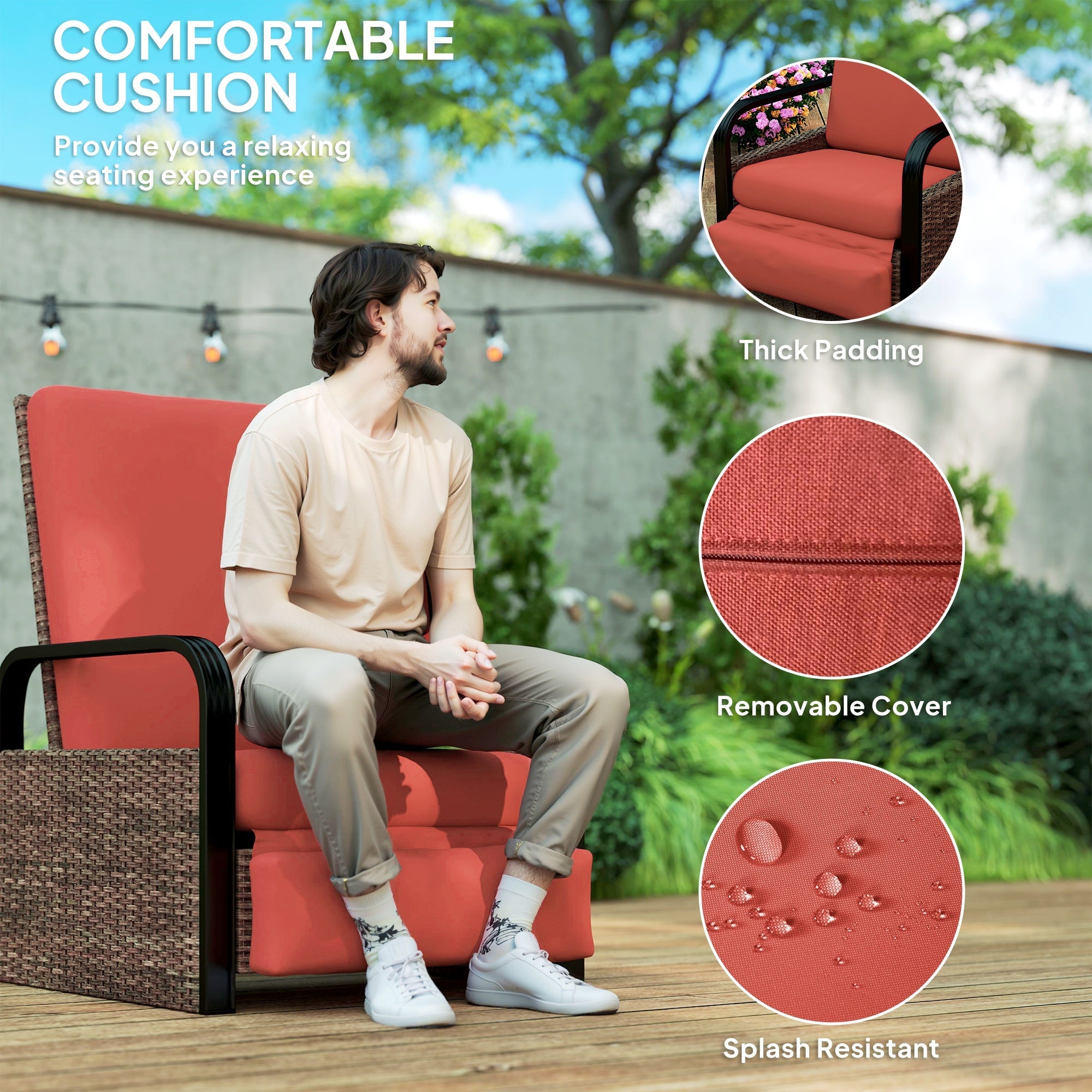 Outsunny Wicker Outdoor Recliner Chair, Reclining Lounge Chair with Adjustable Backrest, Footrest and Side Tray, Red