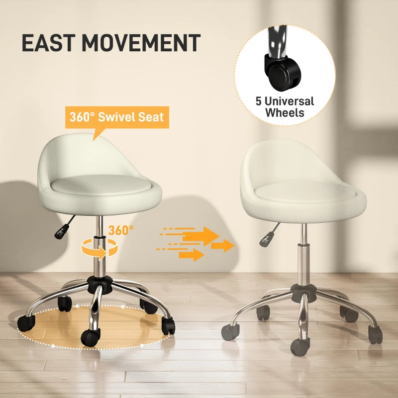 Salon Stool, Adjustable Rolling Stool, White