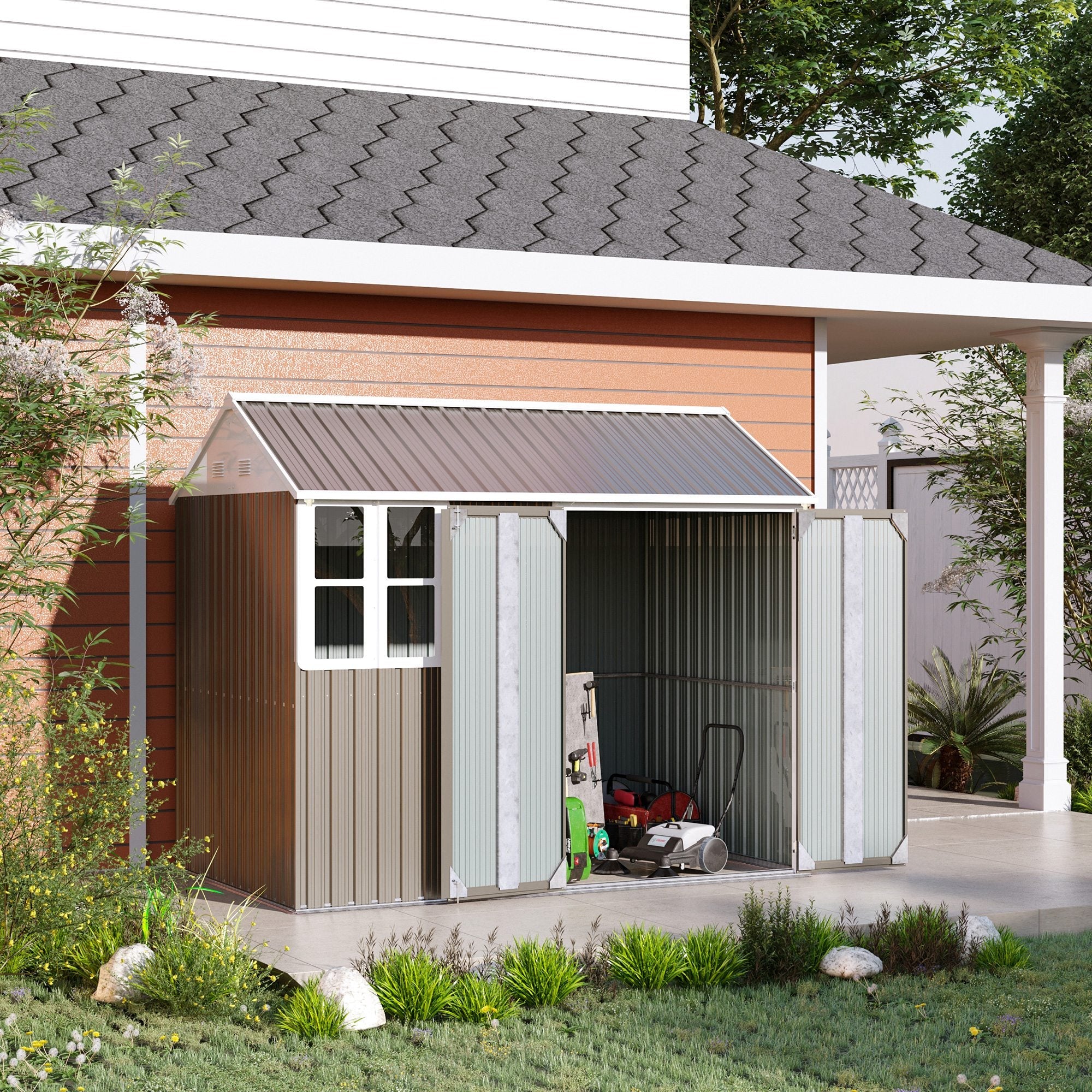 Outsunny 8.5' x 5.5' Metal Garden Storage Shed, Outdoor Tool Storage House with Lockable Door, Vents, Sloped Roof, Light Grey