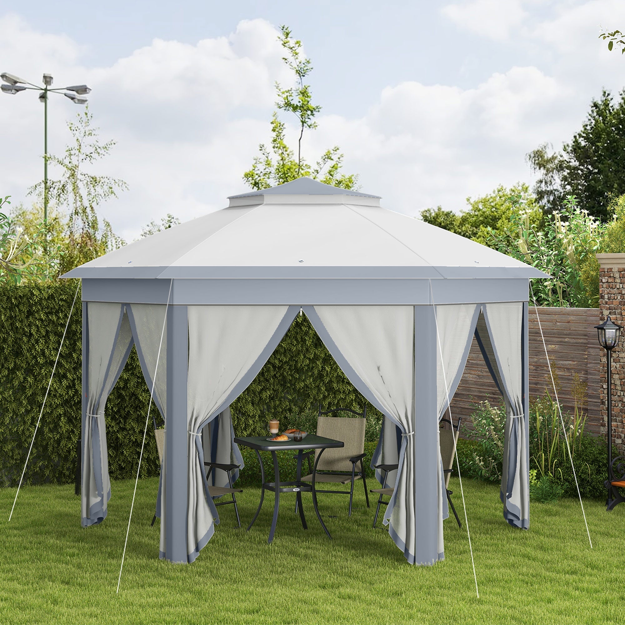 Outsunny Pop Up Hexagon Patio Gazebo 13x13ft Double Roof Outdoor Instant Shelter Garden with Netting Grey