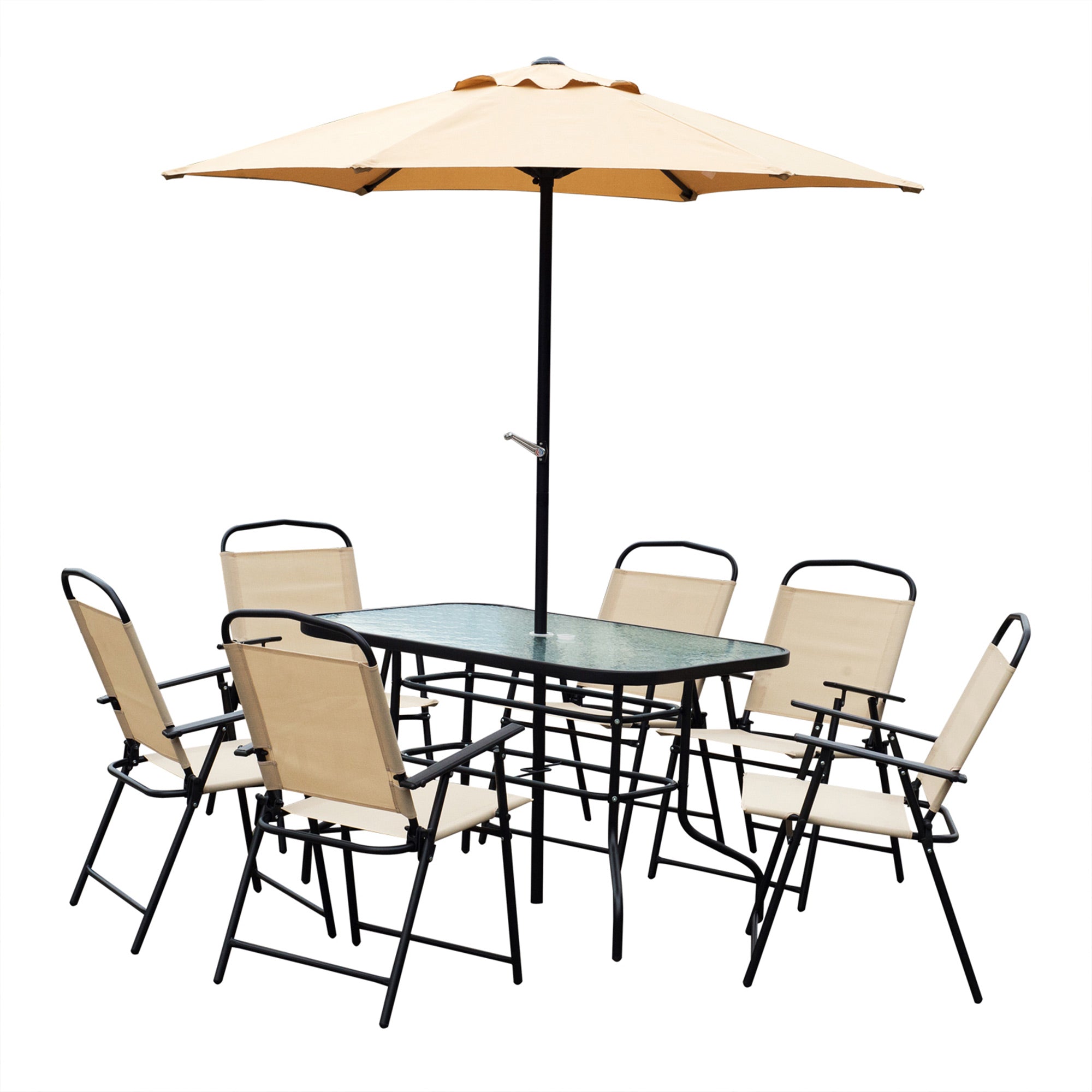 Outsunny 8pc Patio Garden Texteline Dining Set Outdoor Bistro Furniture 6 Folding Chairs with Table and Umbrella Beige
