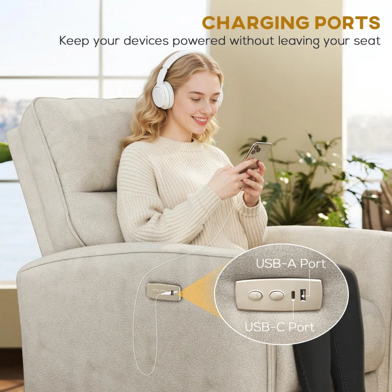 Power Recliner Chair, Fabric Upholstered Recliner Chair with USB Ports, Footrest, Beige