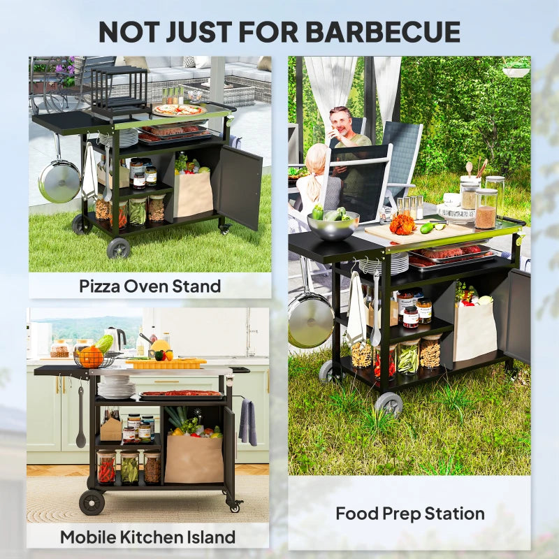 Outdoor BBQ Stand with Foldable Side Table, Stainless Steel Top, Pizza Oven Table with Wheels Hooks Shelves
