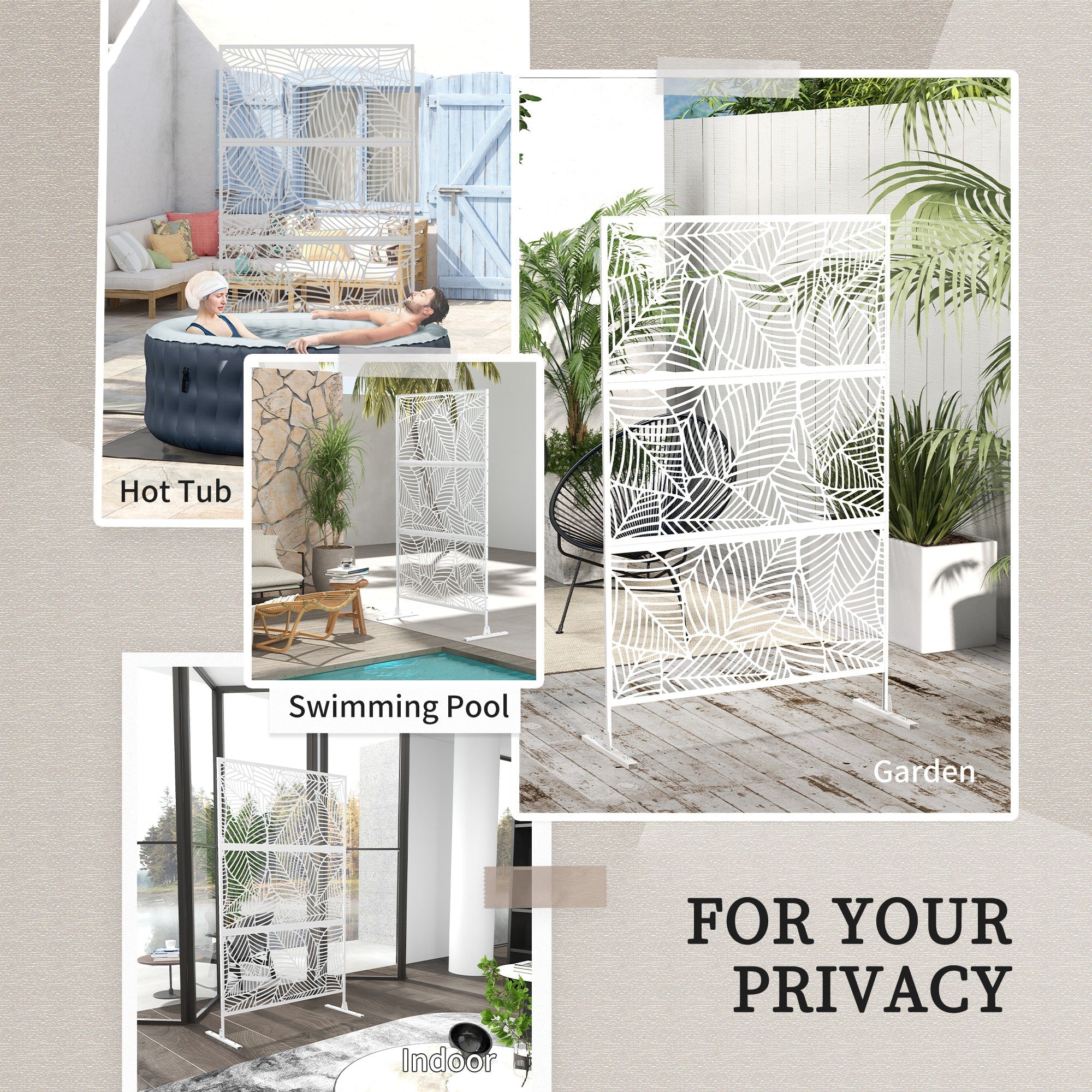 Outsunny 6.5FT Decorative Outdoor Divider, Metal Privacy Screen with Stand, Large Leaf Style, White