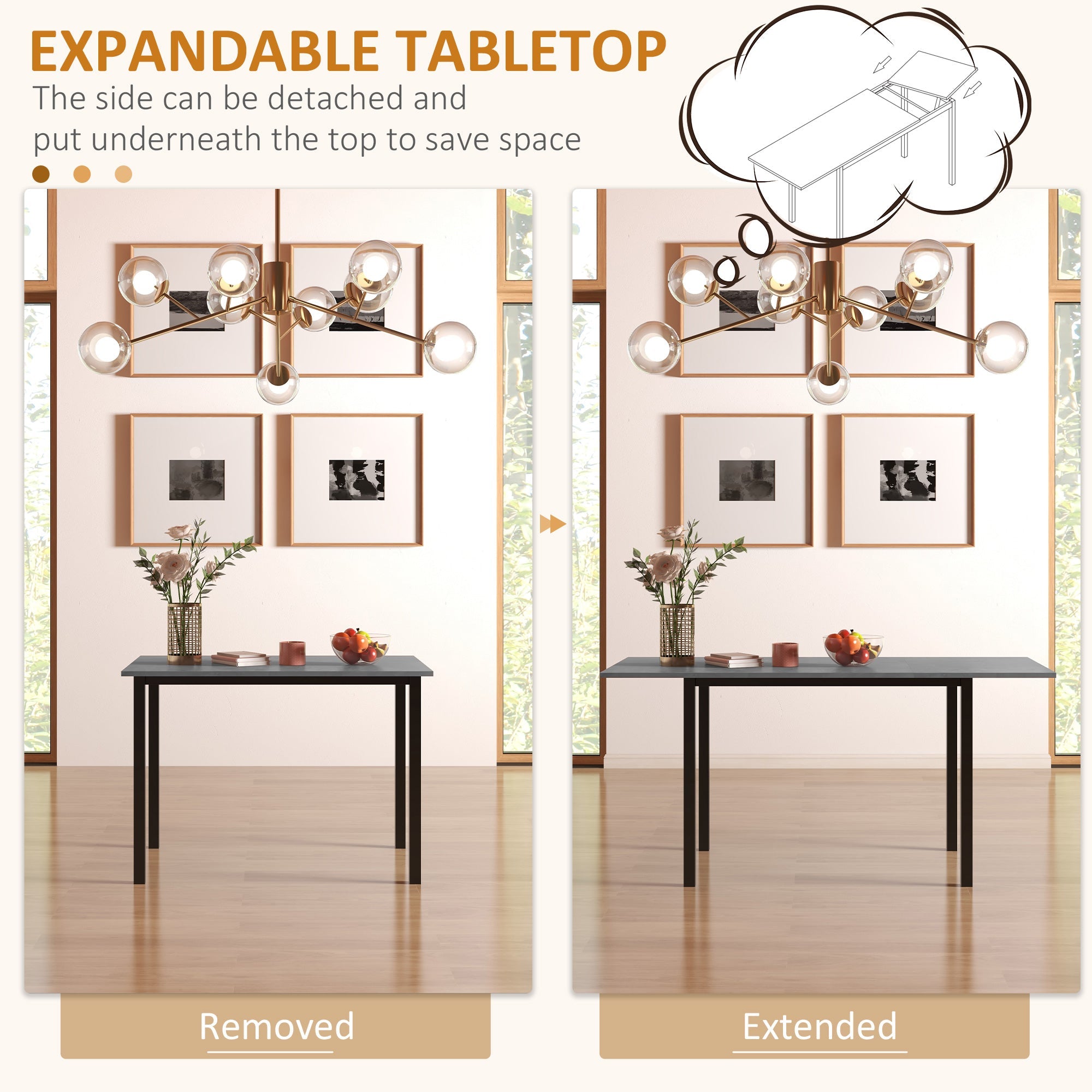 HOMCOM Space Saving Extendable Dining Table for 6 with Drop Leaf Folding Feature in Dark Grey Ideal for Small Spaces