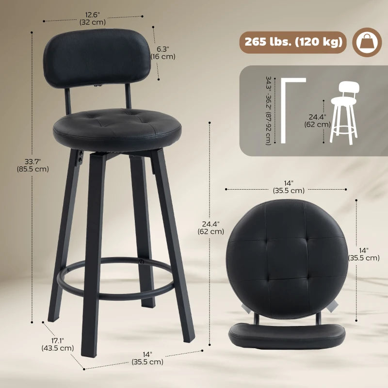 Bar Stools Set of 2, Upholstered Breakfast Bar Chairs with Footrest and Backrest for Kitchen Counter, Black