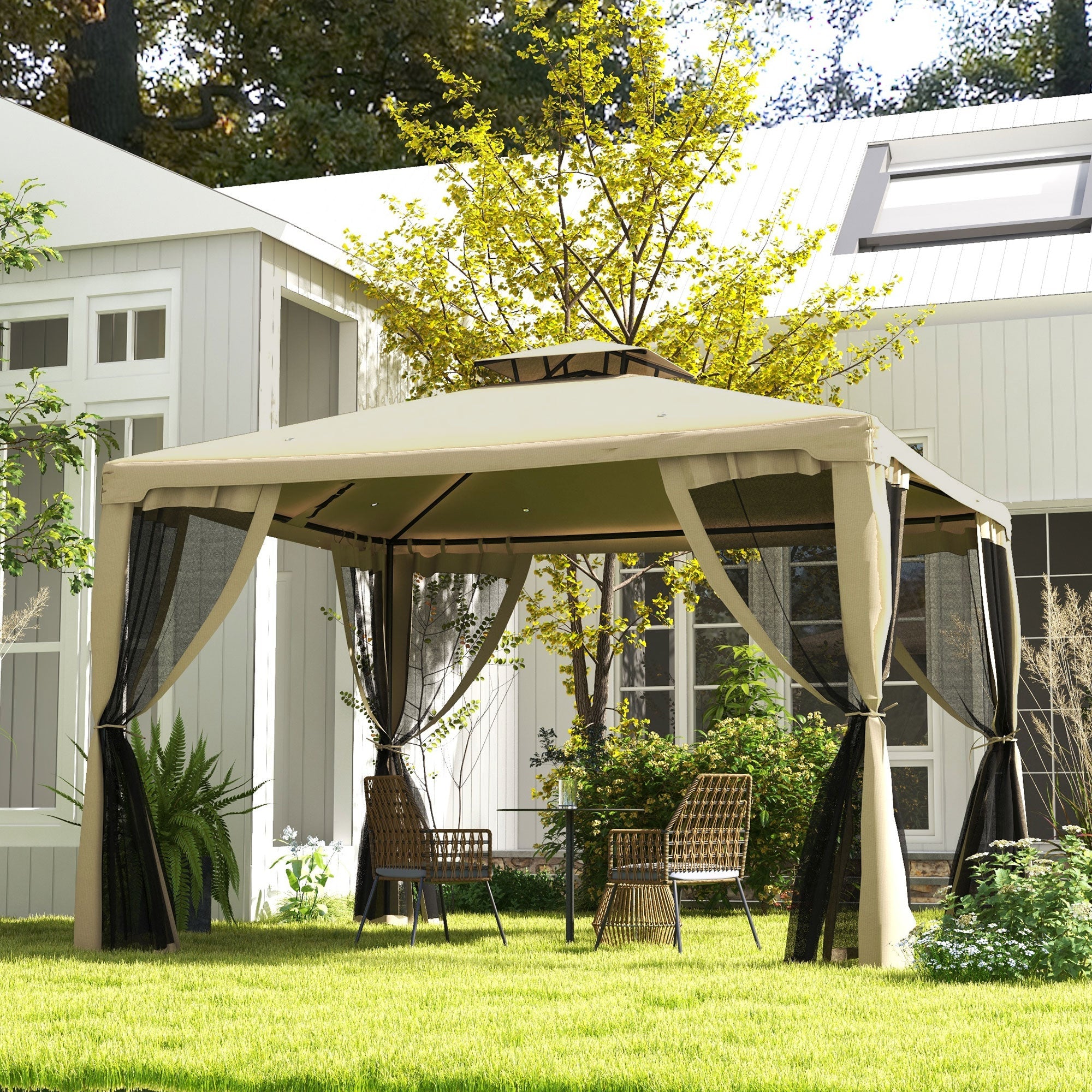 Outsunny 11.65' x 10' Patio Gazebo Outdoor Pavilion 2 Tire Roof Canopy Shelter Garden, Steel Frame w/ Mosquito Netting, Taupe